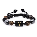 Bracelet en pierres d'oeil de tigre avec lettre Y et cordon tressé réglable noir - 19cm / Lettre Y