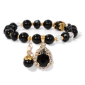 Vintage black crystal bead bracelet with a large teardrop pendant and gold accents - 19cm / Black Crystal