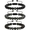 3-piece set of 8mm tiger eye and lava stone beads bracelets with adjustable drawstrings - Matte Black with Gray Vein Stone/Lava Stone 3-Piece Set (KZ0029) / 19cm