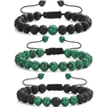 Set of 3 adjustable 8mm bead bracelets with tiger eye, lava rock, and turquoise beads - Matte Black with Malachite Texture/Lava Stone 3-Piece Set (KZ0030) / 19cm