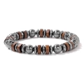 Bracciale elastico con pietre di ematite e perle in legno marrone naturale per uomo e donna - Ematite / 19cm