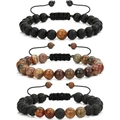 Three-piece set of 8mm tiger eye and lava stone beaded bracelets with adjustable cord - Matte Black with Landscape Stone/Lava Stone 3-Piece Set (KZ0031) / 19cm