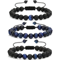 Three-piece men's bracelet set with blue tiger eye stones and black lava rock beads - Matte Black with Blue Tiger Eye/Lava Stone 3-Piece Set (KZ0032) / 19cm