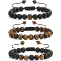 Three-piece 8mm stone bead bracelet set with tiger eye and lava rock on adjustable cord - Matte Black with Yellow Tiger Eye/Lava Stone 3-Piece Set (KZ0033) / 19cm