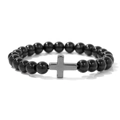 Religiöses Kreuzarmband mit 8mm polierten schwarzen Steinperlen und grauem Metallanhänger - 19cm / Schwarzer Achat