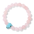 Close-up of pink crystal beaded bracelet featuring a blue turquoise elephant charm - Rose Quartz