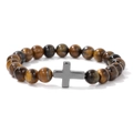 Tigerauge Steinperlenarmband mit Metallkreuz-Anhänger an elastischer Kordel für Herren - 19cm / Gelbes Tigerauge