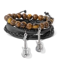 Close-up of four-piece multilayer bracelet set with tiger eye beads and guitar charms - Tiger Eye Style (KZ038)