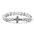 Bracelet élastique en perles de pierre blanche de 8mm avec breloque croix en métal gris - 19cm / Turquoise Blanche