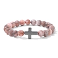 Bracelet extensible en perles de pierre naturelle 8mm avec charm croix grise et rose - 19cm / Jaspe zèbre rose poli