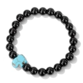 Polished black agate beaded bracelet with a light blue turquoise elephant charm - Black Agate