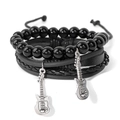 Rock guitar multi-layer leather bracelet set with black beads and silver pendants - Black Onyx Color Style (KZ040)