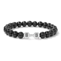Elastic beaded dumbbell bracelet featuring polished black stones and silver LIFT LIVE charm - 19cm / Shiny Black Agate