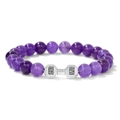 Purple natural stone beaded bracelet with silver dumbbell charm featuring LIFT and LIVE text - 19cm / White Stone Amethyst