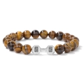 Tiger eye beaded bracelet with silver dumbbell charm featuring LIFT LIVE engraving - 19cm / Yellow Tiger Eye