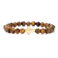 Tigerauge-Perlenarmband mit poliertem goldenem Kreuzanhänger und elastischer Schnur - 19cm / 6mm Gelbes Tigerauge