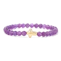 6mm lila Kristallsteinperlen Armband mit poliertem goldenem Kreuz für Damen und Herren - 19cm / 6mm Amethyst