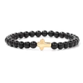 6mm schwarzes Steinperlenarmband mit poliertem goldenem Metallkreuz an elastischer Schnur - 19cm / 6mm Glänzend Schwarzer Achat