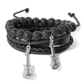 Men's multilayer black volcanic stone and leather bracelet with silver guitar charms - Lava Stone Style (KZ041)