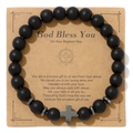 Matte black stone bead bracelet with silver cross pendant on religious gift card - Matte Black Beads Cross Style (1)