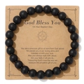 Close-up of matte black natural stone beads bracelet with a God Bless You baptism card - Matte Black Beads Baptism Blessing Style (2)
