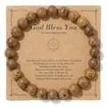 Detail shot of natural wood beads bracelet with rustic grain on a kraft paper display card - Light Wavy Grain Wood Beads Style (3)