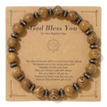 Detail of beaded religious bracelet with tiger wood beads and cross gift card packaging - Tiger Skin Grain Wood Beads Style (4)