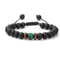 Bracciale da uomo in perline nere opache con occhio di tigre verde e cordino intrecciato - Occhio di Tigre Verde (Perline Opache)