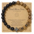 Natural stone and wood bead cross bracelet with God Bless You baptism card - Mixed Black and Wood Beads Cross Style (6)