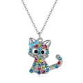 Schattige kattenketting met gekleurde strass-steentjes en blauwe strik aan zilveren ketting - Blauwe Serie