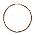 Macro detail of natural tiger eye stone disc beads necklace with gold lobster clasp closure - Yellow Tiger Eye