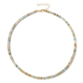 Beaded necklace with natural turquoise accents and golden spacers on white background - Amazonite