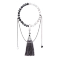 Chinese yin yang beaded bracelet with long silver chains and grey tassel detail - Gray White Texture (LN045)