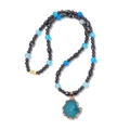 Men's retro necklace with blue druzy agate pendant and black hematite beaded chain - Lake Blue Raw Stone Style (FN2068) / Necklace