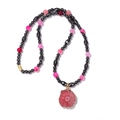 Agate slice pendant necklace with faceted black beads and pink stones on white background - Reddish Pink Agate Style (FN2069) / Necklace