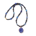 Men's retro necklace with black beads and blue agate pendant with gold edges - Dark Blue Agate Style (FN2080) / Necklace