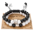 Adjustable black agate and white turquoise bead bracelets for Dad & Son with heart charm - Father & Son Card + 2 Piece Bracelet Set