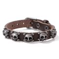 Bracciale vintage in pelle marrone scuro con teschi d'argento e chiusura a fibbia - Stile Pelle con Teschio Retro (CC1146)