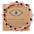 Pink, white and black beaded Evil Eye bracelet with 18k gold-tone spacers on card - Pink and White Evil Eye (2) / Pink White