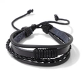 Bracciale multistrato artigianale in pelle nera con perle di legno e cordino regolabile - Stile Pelle Multistrato Tutto Nero (CC1153)