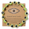 Green and gold Evil Eye beaded bracelet for men on a professional background story card - Green and White