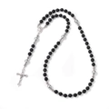 Cross pendant religious necklace with 6mm black volcanic lava beads and metal accents - Black Matte Lava Stone Style (LN023)