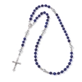 Lapis lazuli blue bead rosary necklace with silver metal crucifix and holy medal - Dark Blue Lapis Lazuli Style (LN024)