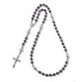 6mm natuursteen rozenkrans ketting met grijze jaspis kralen en zilveren kruis - Donkergrijs Gevlekt Erts Stijl (LN034)