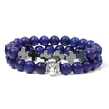 Bracciale a doppio strato con pietre blu da 8mm, testa di leopardo e croce in argento - Stile Blu Scuro (FK1813-19CM)