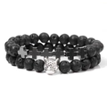 Bracciale da uomo a due strati con pietre laviche da 8 mm, testa di leopardo e croce - Stile Pietra Lavica Nera (FK1814-19CM)