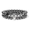 Zweilagiges Perlenarmband-Set mit silbernem Leopardenkopf und Hämatit-Kreuzanhängern - Metallisch Grauer Hämatit Stil (FK1815-19CM)