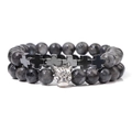 Herren Armband-Set aus grauen Natursteinen mit Leopardenkopf und Kreuz-Anhängern - Dunkelgrauer Labradorit-Textur Stil (FK1816-19CM)