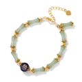 Bamboo-style jade beads bracelet with Aquarius zodiac sign and gold heart charm - Aquarius