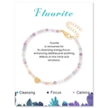 Macro detail of 3mm faceted fluorite beads with a gold heart pendant on white card - Fluorite
